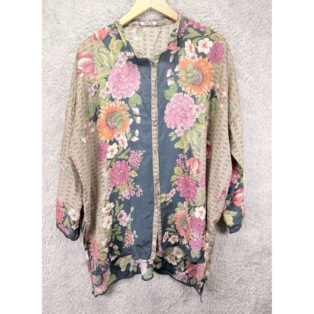Johnny Was Womens M 100% Silk Tunic Blouse Floral Boho Button Up Kimono Print